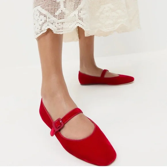 Loeffler Randall Red Velvet Mary Jane Flats - Picture 2 of 7